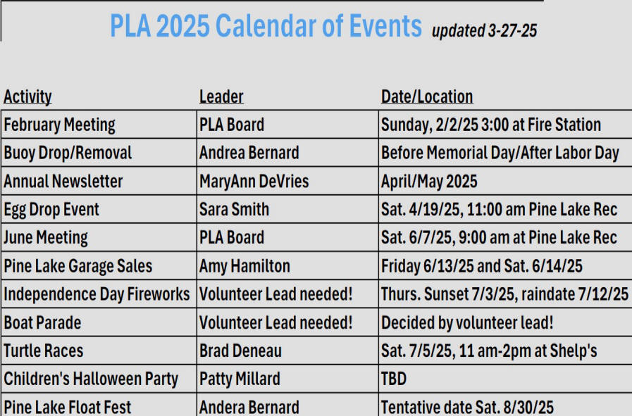 2025 PLA Calendar of Events